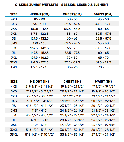 2025 CSkins Junior Wetsuits 2 0 Tableau des tailles